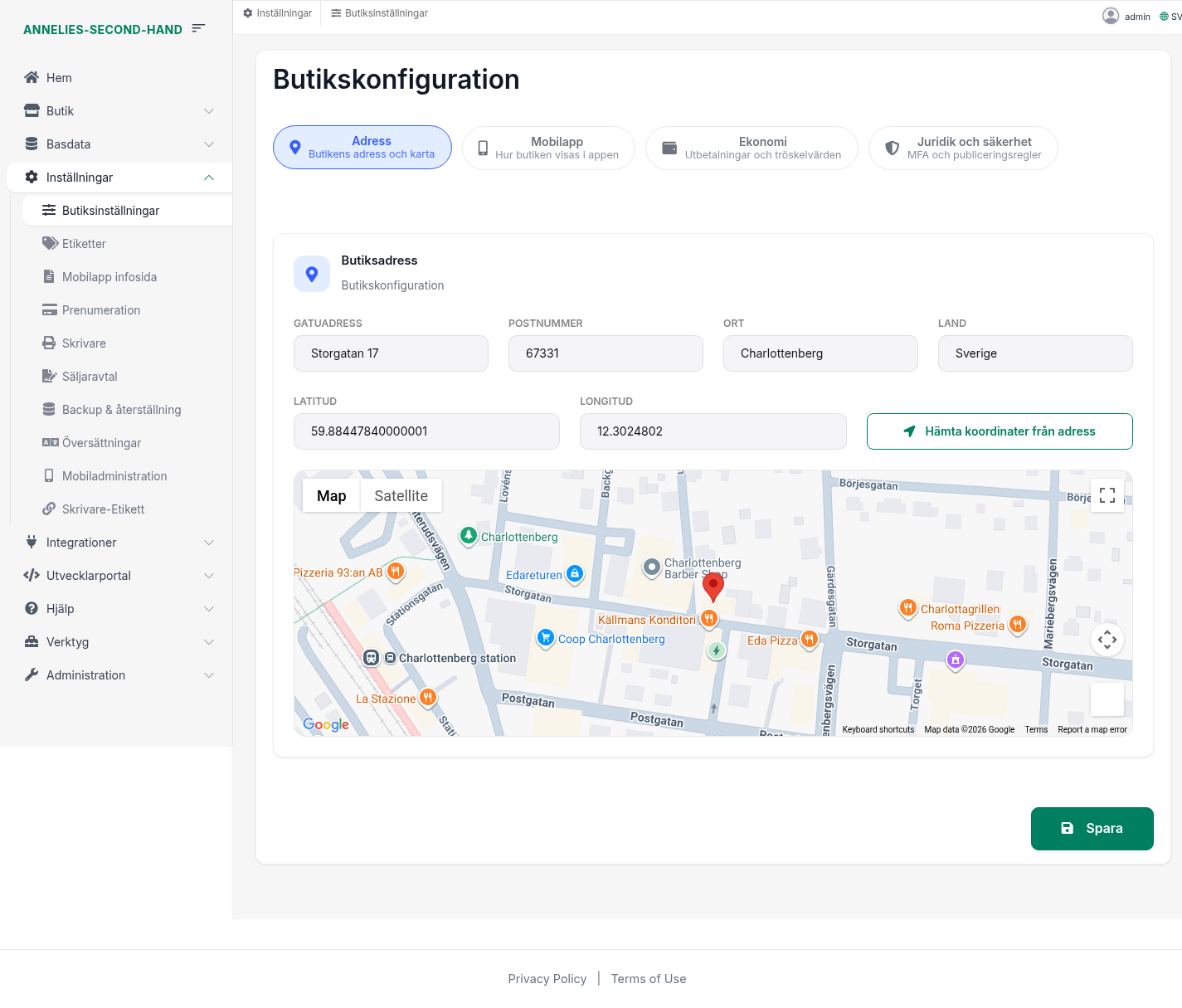Skärmdump: adress och karta i Butiksinställningar