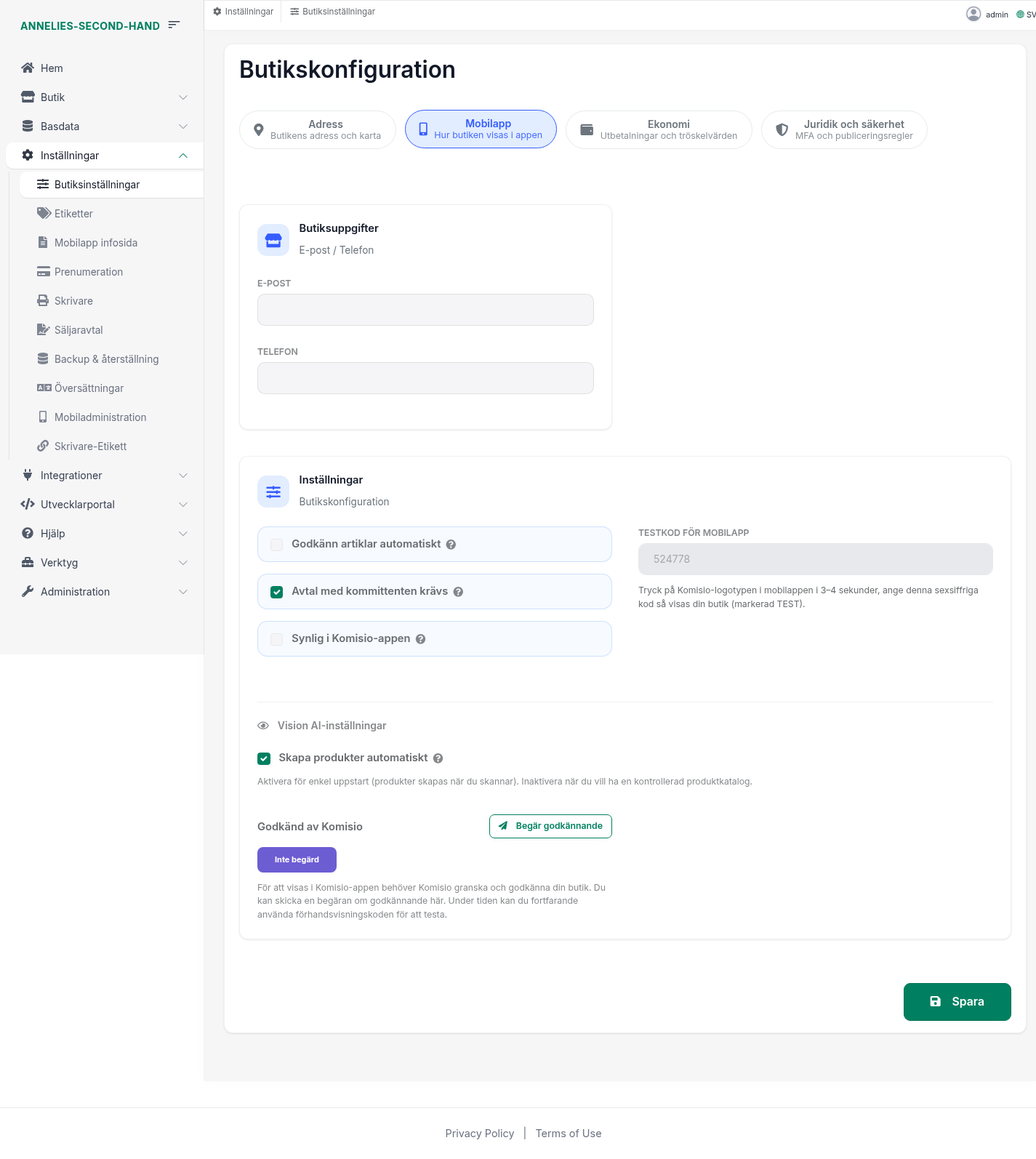 Skärmdump: mobilapp-inställningar med testkod