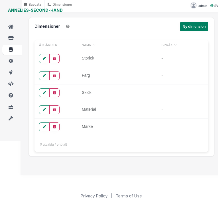 Backoffice: Basdata → Dimensioner