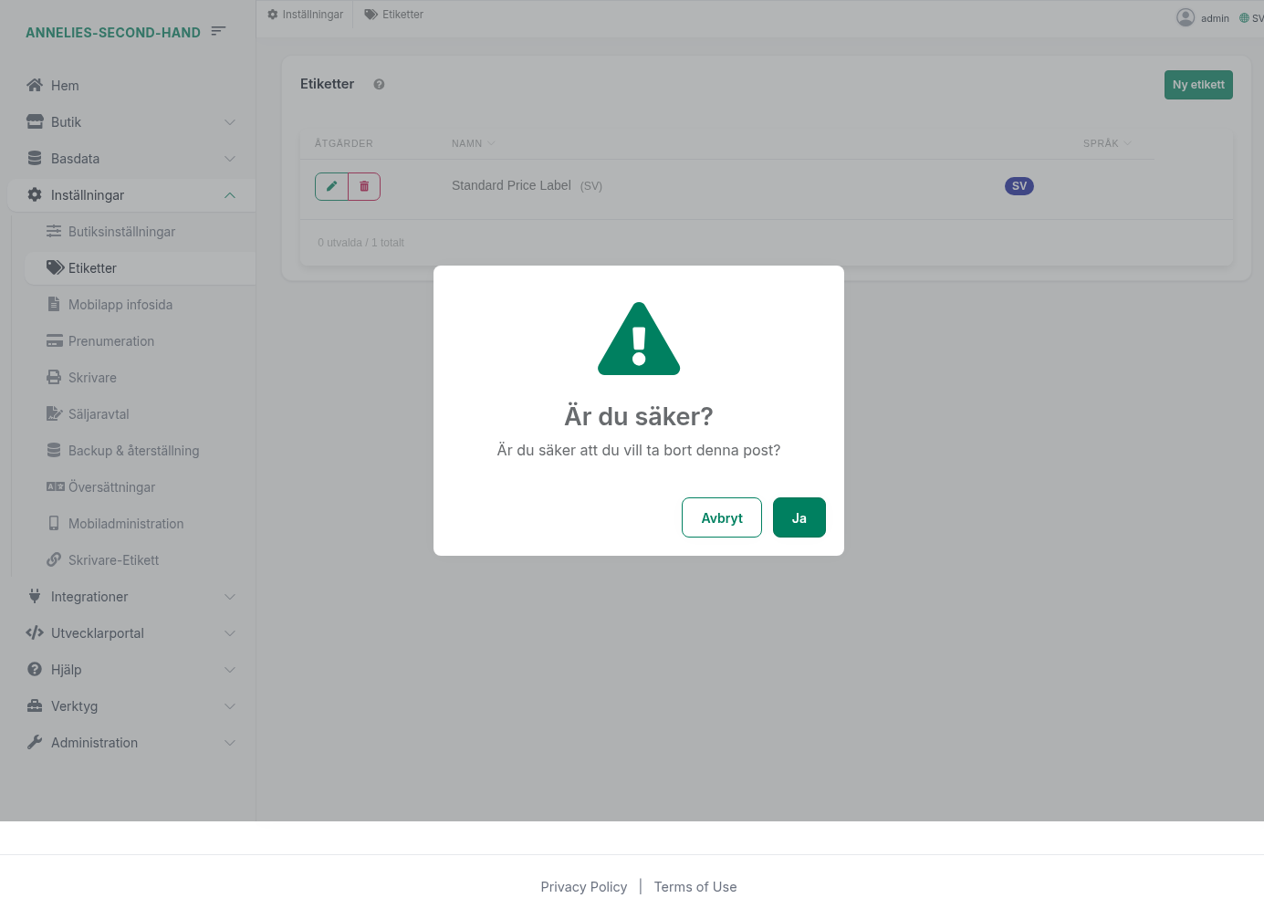 Bekräftelse: Är du säker att du vill ta bort denna post?