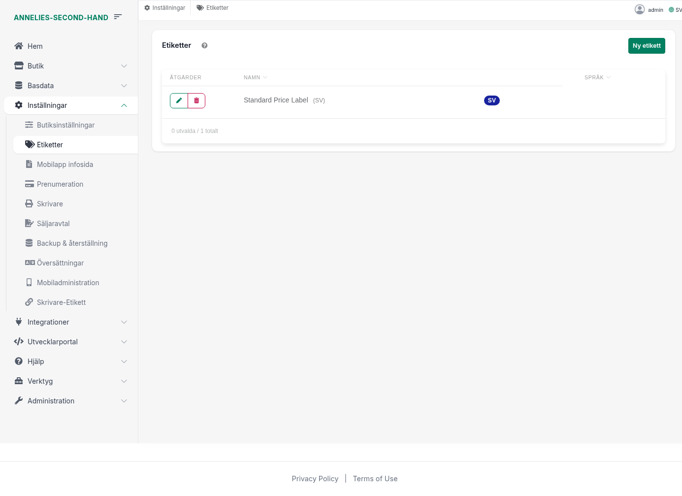 Etiketter – lista med befintliga etiketter och knappen Ny etikett