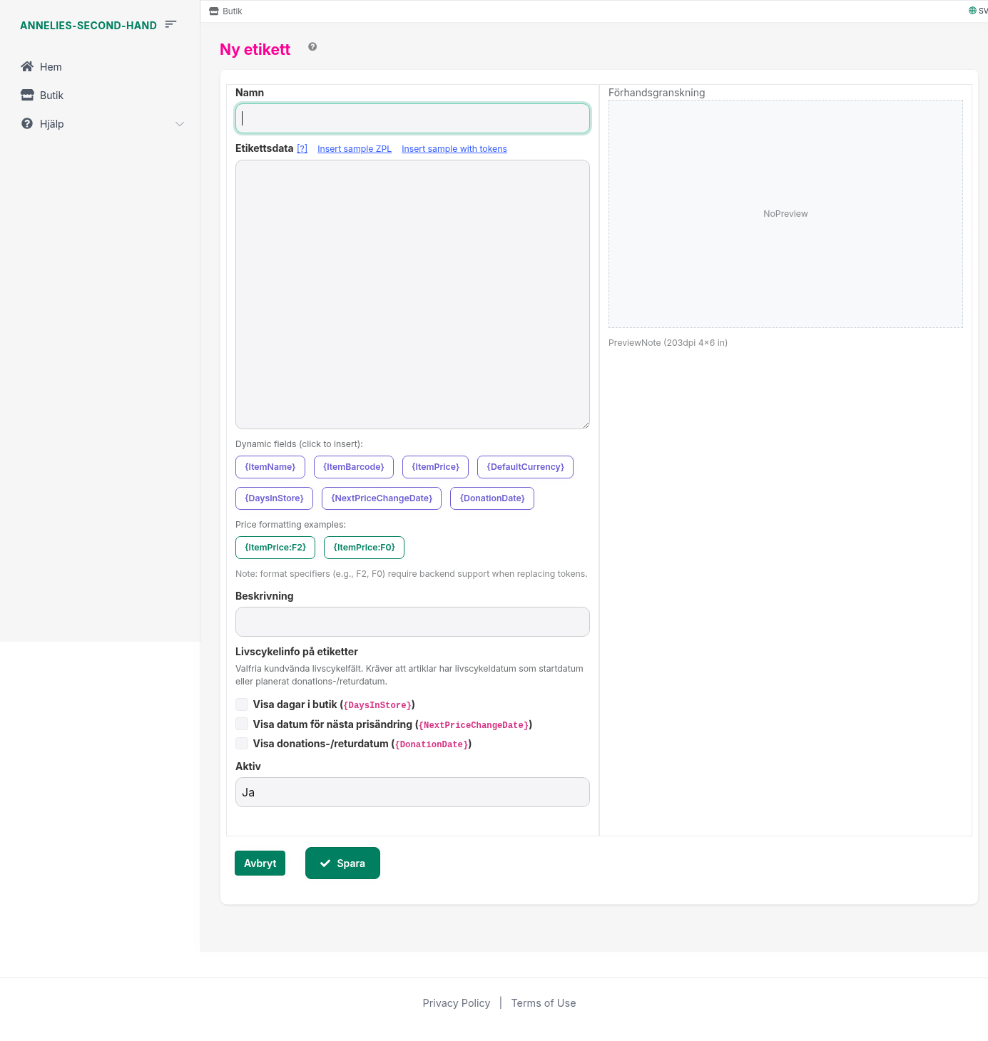 Ny etikett – formulär med namn, etikettsdata (ZPL), tokens och förhandsgranskning