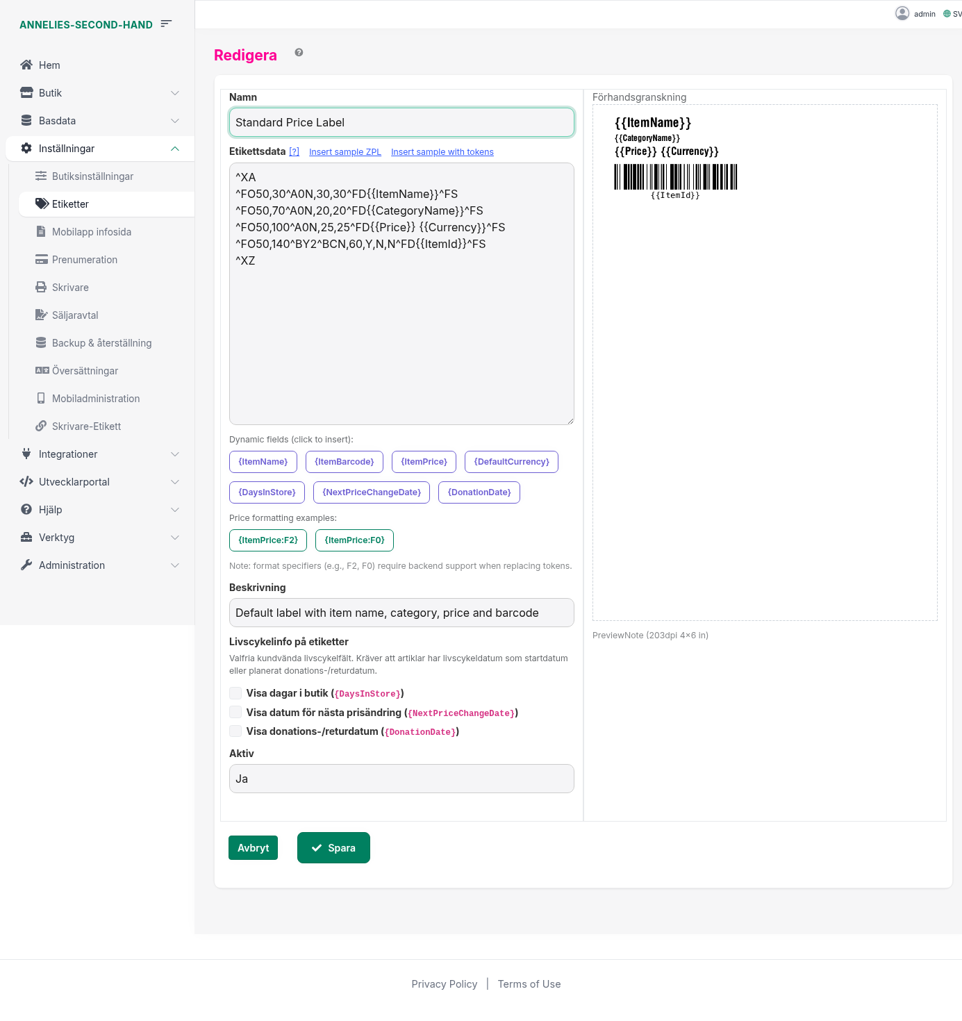 Redigera etikett – exempel med ZPL och förhandsgranskning