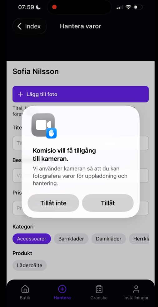 App: tillåt kameraåtkomst