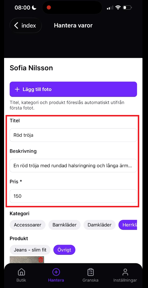App: AI genererar titel beskrivning och pris