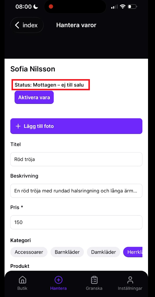 App: mottagen ej till salu
