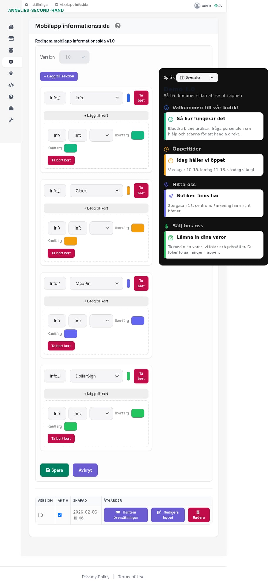 Tenant Info Pages – layout editor med preview