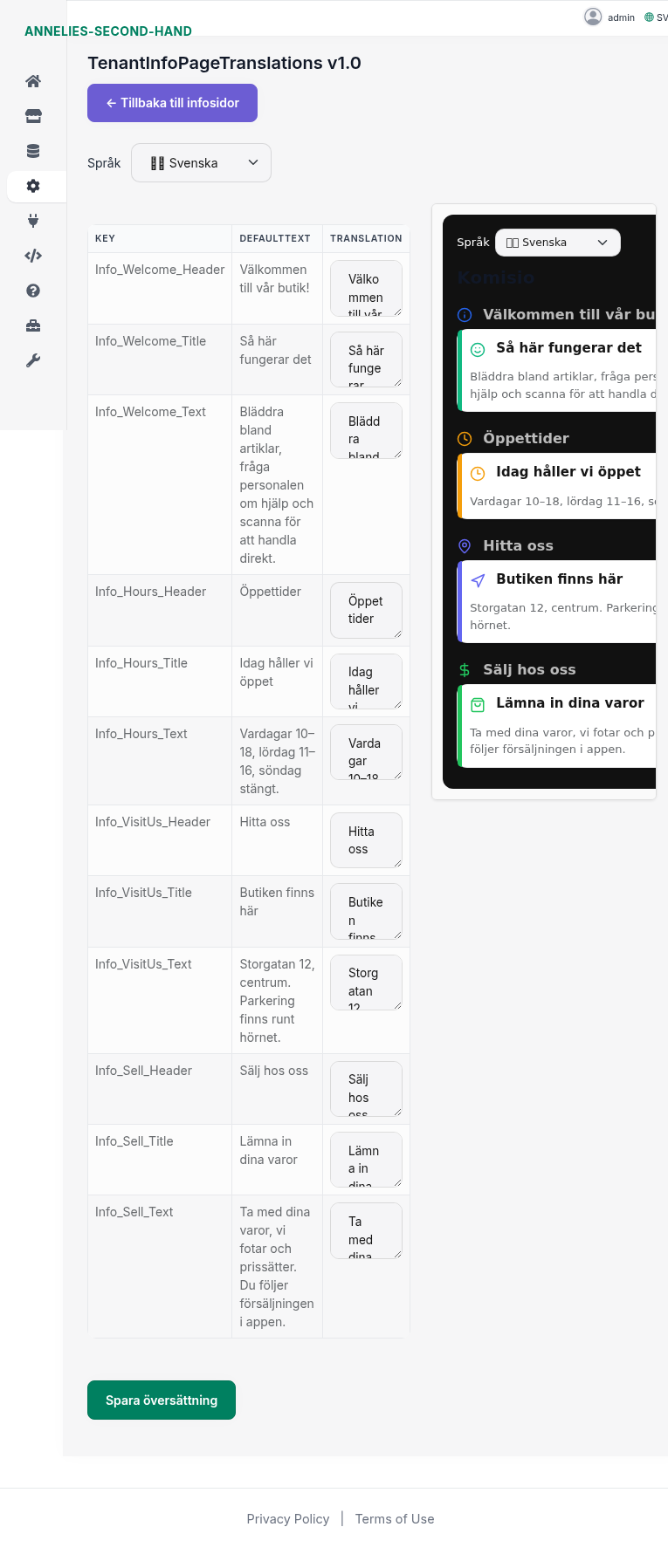 Tenant Info Pages – hantera översättningar