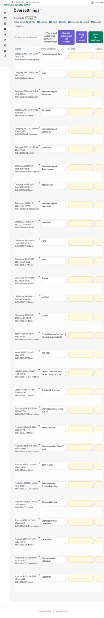 Admin: Översättningar – grundspråk, aktiva språk och nycklar