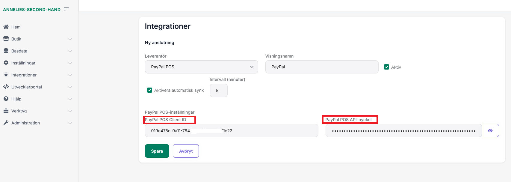 Komisio PayPal POS inställningar