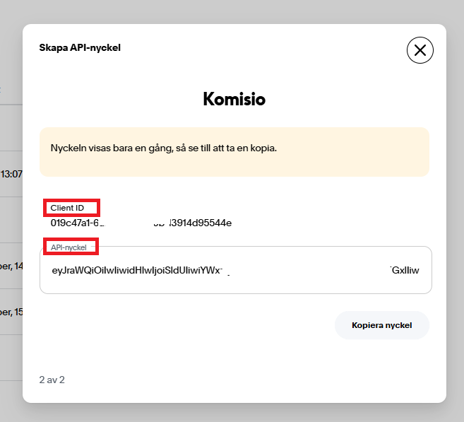 Kopiera clientId och API-nyckel