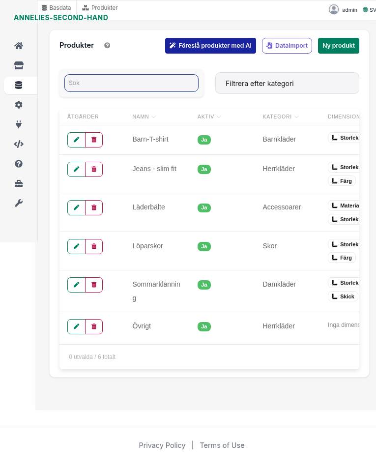 Backoffice: Basdata → Produkter (produktlista)