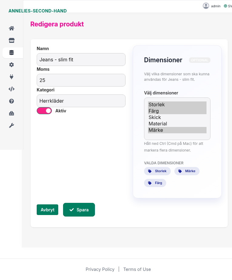 Backoffice: Redigera produkt och välja dimensioner