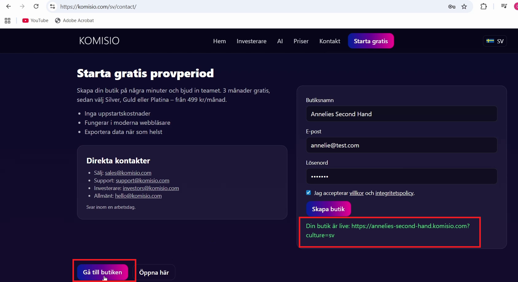 Skärmdump 4 – Butik skapad