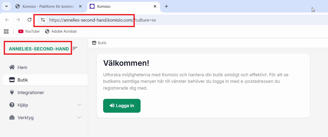 Skärmdump 4 – Länk till inloggning backoffice