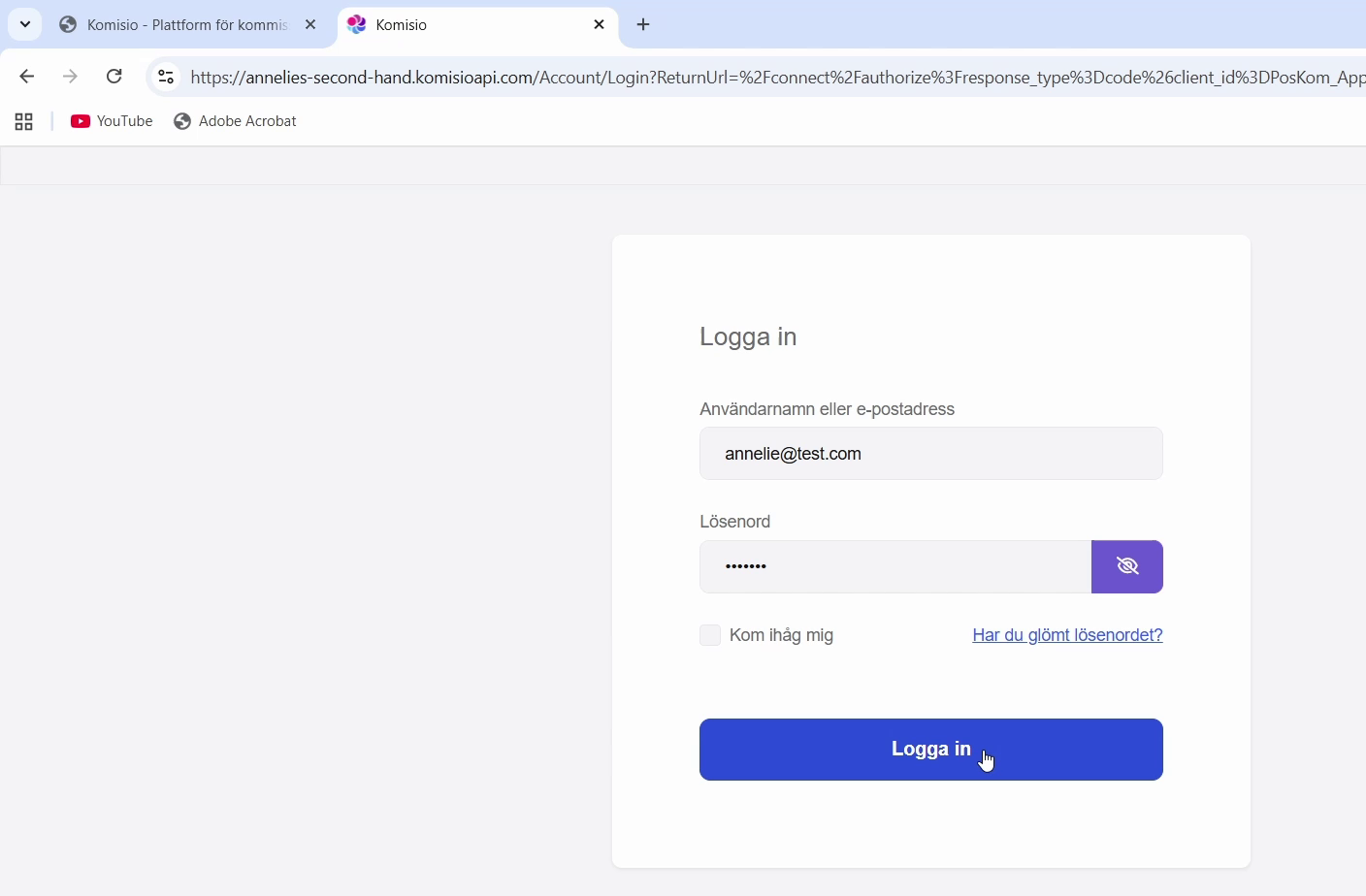 Skärmdump 7 – Inloggning backoffice