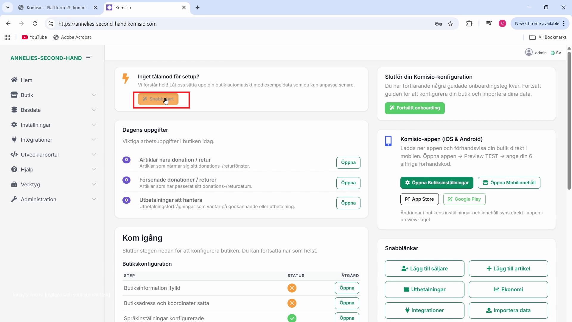 Skärmdump 8 – Backoffice efter login
