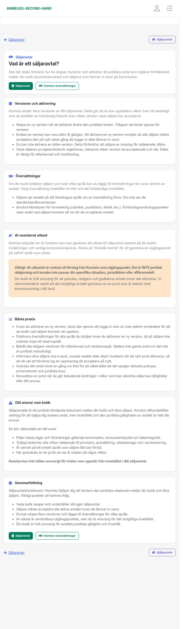 Hjälpcenter: Säljaravtal – versioner, översättningar, AI, bästa praxis