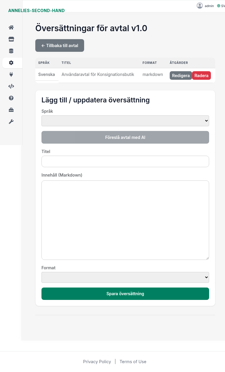 Backoffice: Översättningar för avtal – språk, titel, innehåll (Markdown)