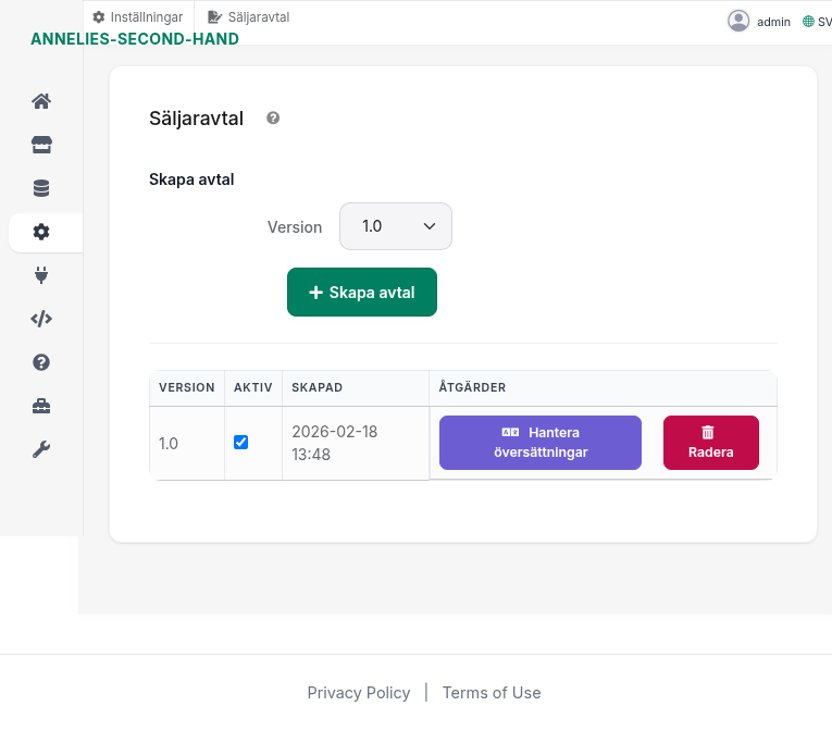 Backoffice: Inställningar → Säljaravtal