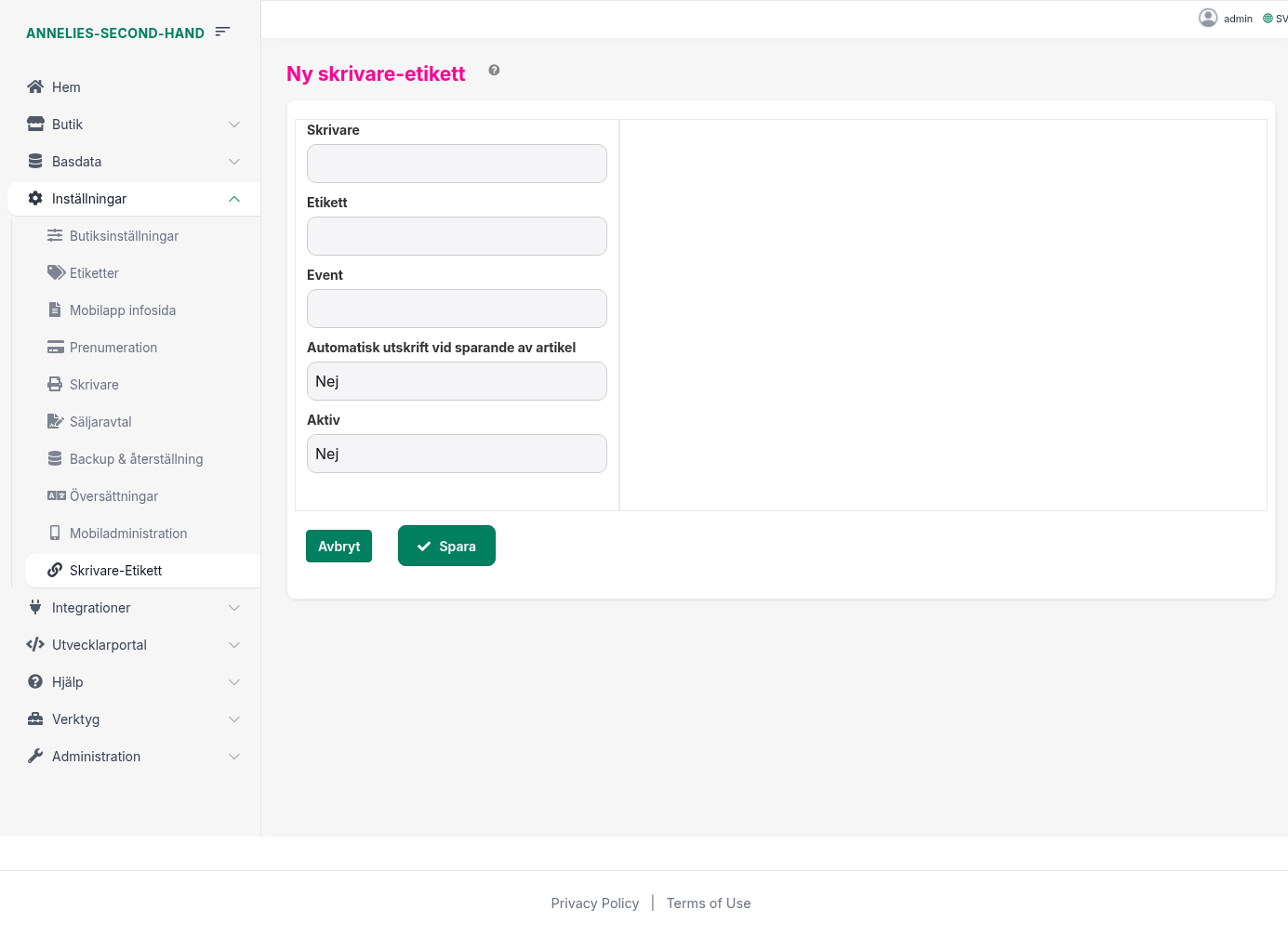 Ny skrivare-etikett – välj skrivare, etikett, event samt automatisk utskrift och aktiv
