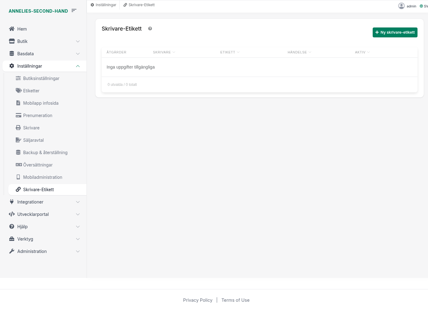 Skrivare–Etikett – lista över kopplingar och knappen Ny skrivare-etikett