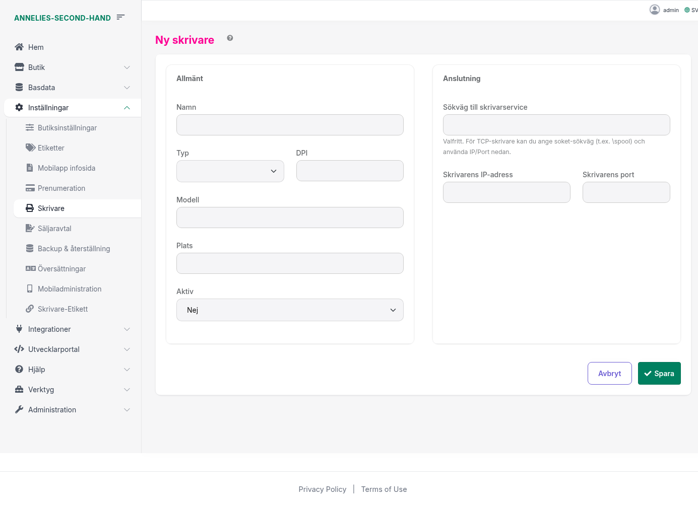 Ny skrivare – formulär för namn, typ, DPI, modell, plats, aktiv samt anslutning (IP och port)