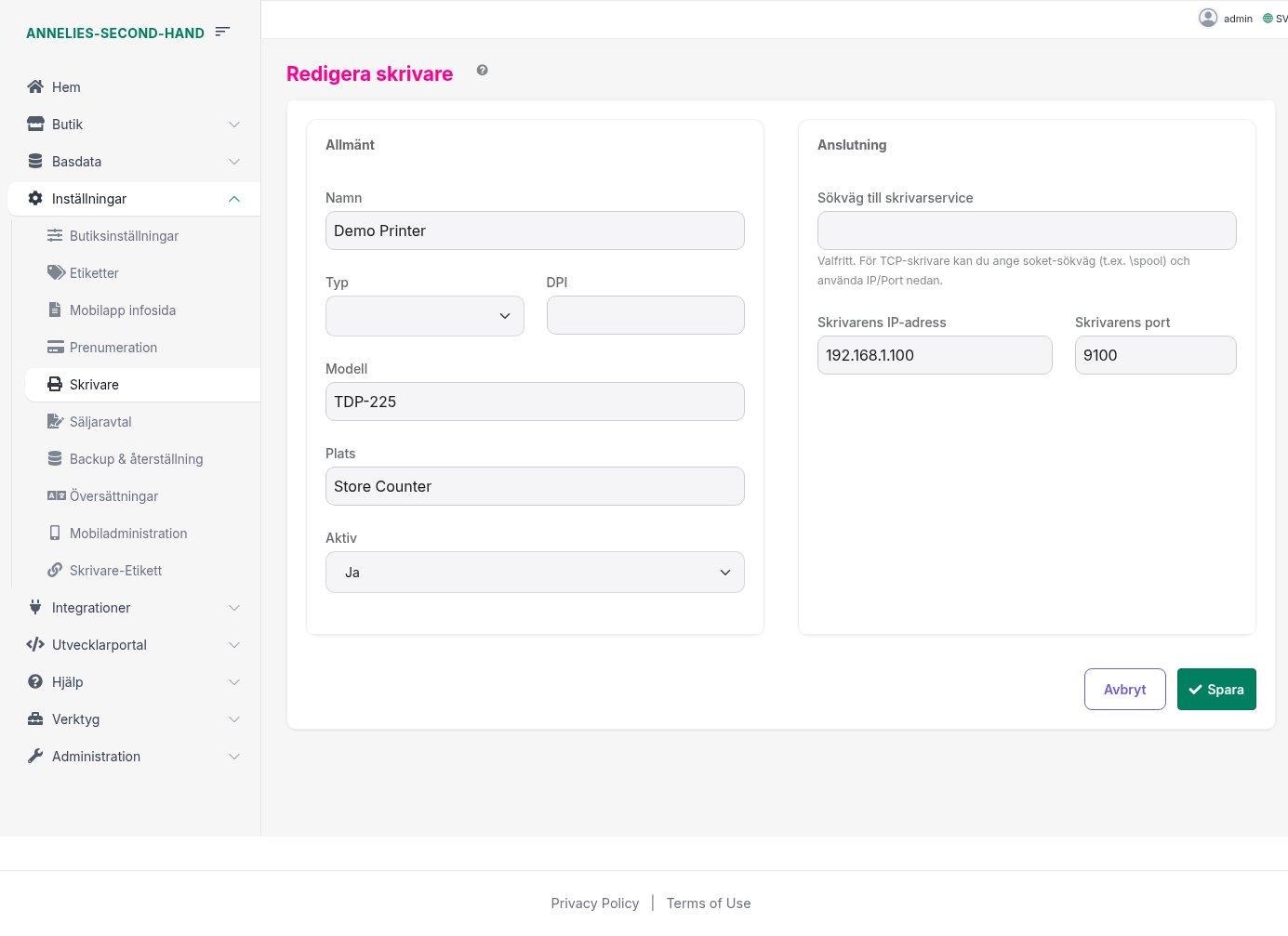 Redigera skrivare – exempel med modell, plats och IP/port