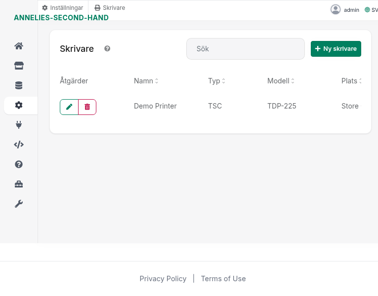 Sidan Skrivare – lista med skrivare, sökfält och knappen Ny skrivare